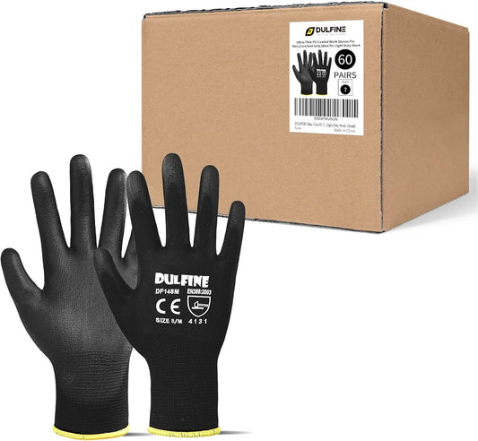 DULFINE Ultra-Thin PU Coated Work Gloves-60 Pairs,Excellent Grip,Nylon Shell Black Polyurethane Coated Safety Work Gloves, Knit Wrist Cuff,Ideal for Light Duty Work. (Medium)