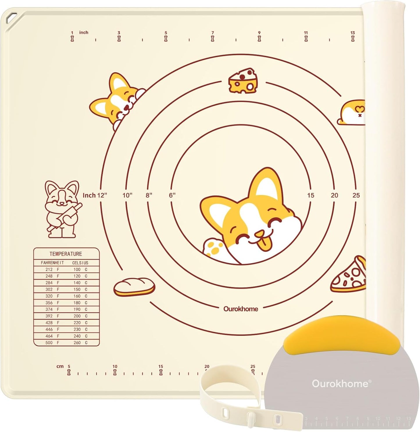 Ourokhome Silicone Baking Mat Sheet and Pastry Dough Cutter, 0.5 Inch Thick 20'' X 16" BPA free Silicone Rolling Mat, Non-Stick and Anti-Slip, Dishwasher Safe (Beige)