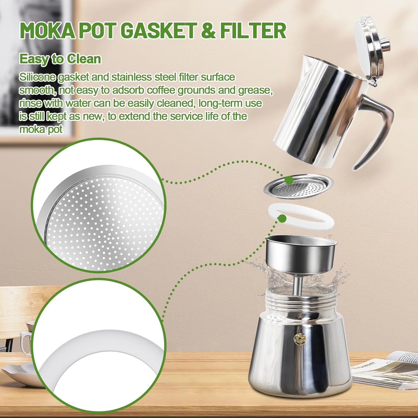 2 Pcs Filter with 3 Pcs Silicone Gasket Seals for 6 Cup Stovetop Espresso Coffee Maker Replacement Parts for 304 Stainless Steel Moka Pot