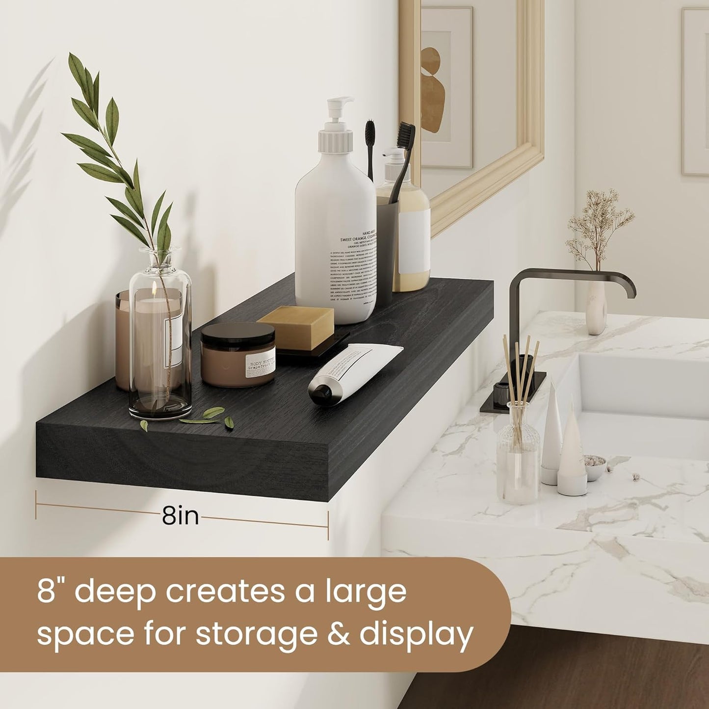 Fun Memories Rustic Floating Shelves for Home Decor, 8 Inch Deep Floating Shelf, Solid Wood Floating Wall Shelves 24 Inch Long, Deep Wall Shelves for Bathroom, Living Room, Black Finsh, Set of 2