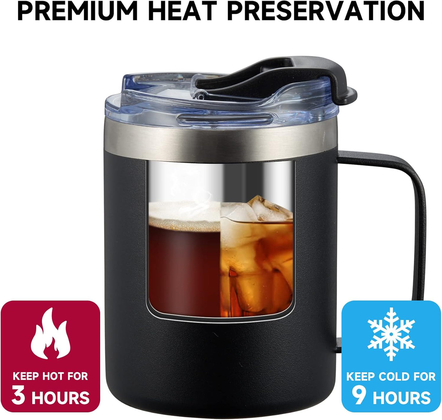 ALOUFEA 12oz Stainless Steel Insulated Coffee Mug with Handle, Double Wall Vacuum Tumbler Cup with Fliping Lid, Black, 2 Pack