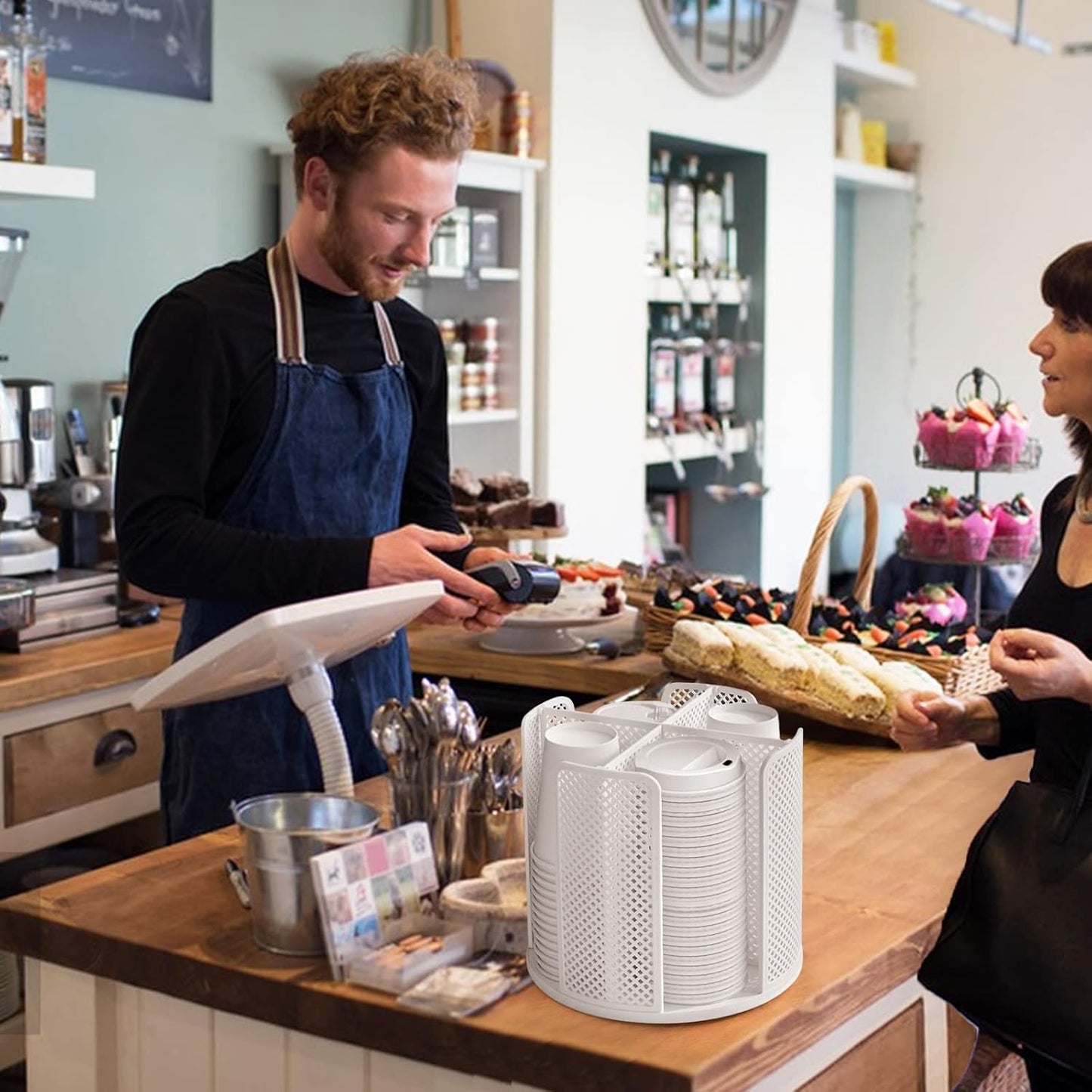 Cup and Lid Organizer Cup Dispenser Coffee Cup Organizer Paper Cup Holder Rotating for Bathroom, Restaurant, Break Room, Coffee Station, Bar, Buffet, Kitchen Cabinet, Countertop,4 Compartment