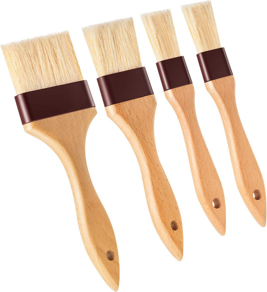 Boao 4 Pieces Natural Bristle Pastry Brush Beech Wooden Handle Basting and BBQ Brushes for Cooking, Butter, Oil, Egg, Marinade, Grilling, Baking, Kitchen Food (1 Inch, 2 Inch, 3 Inch)