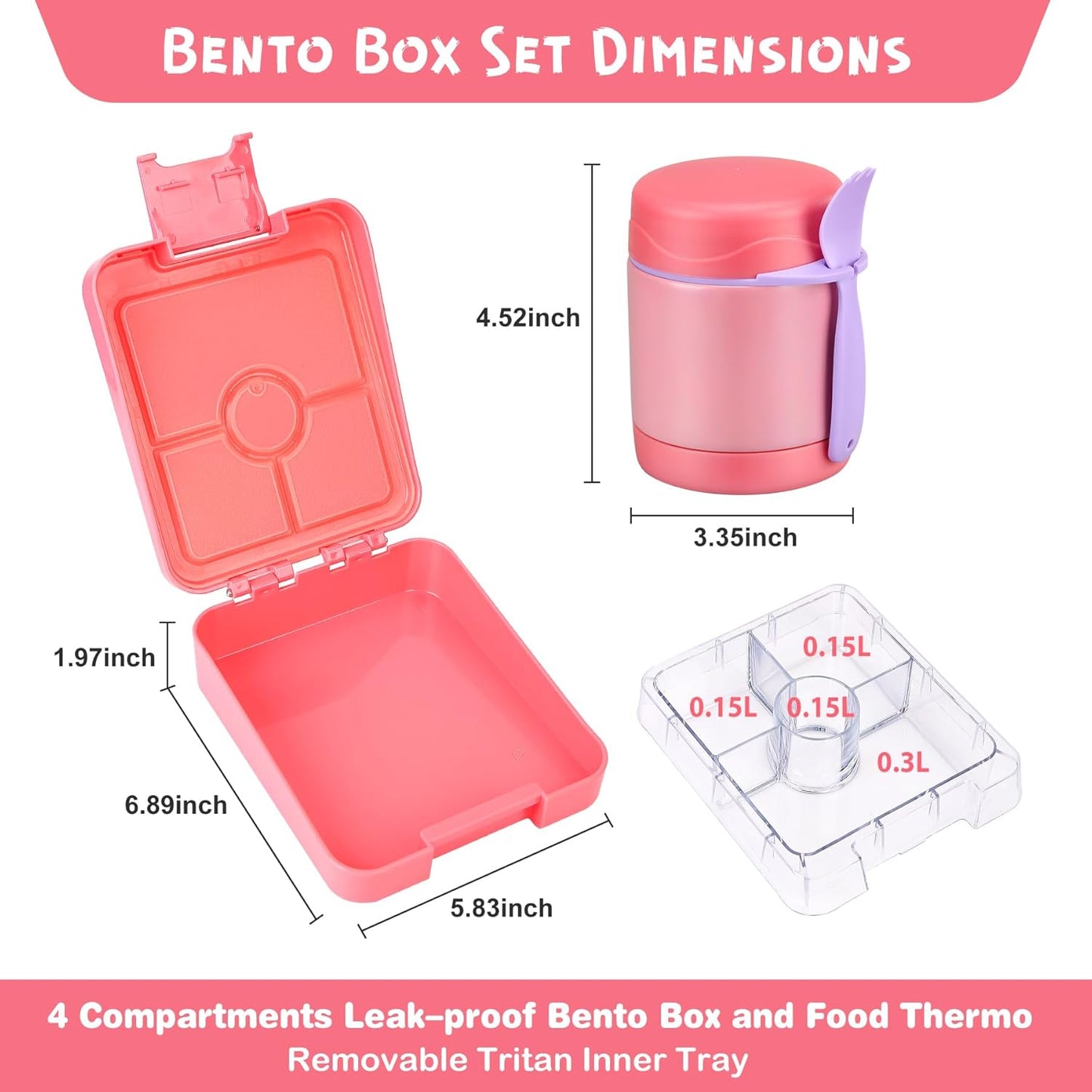 Bento Lunch Box Set With 10oz Soup Thermo, Leak-proof Lunch Containers with 4 Compartment, Kids Hot Thermo Food Jar/Insulation Lunch Bag, Food Containers for School（Solid）