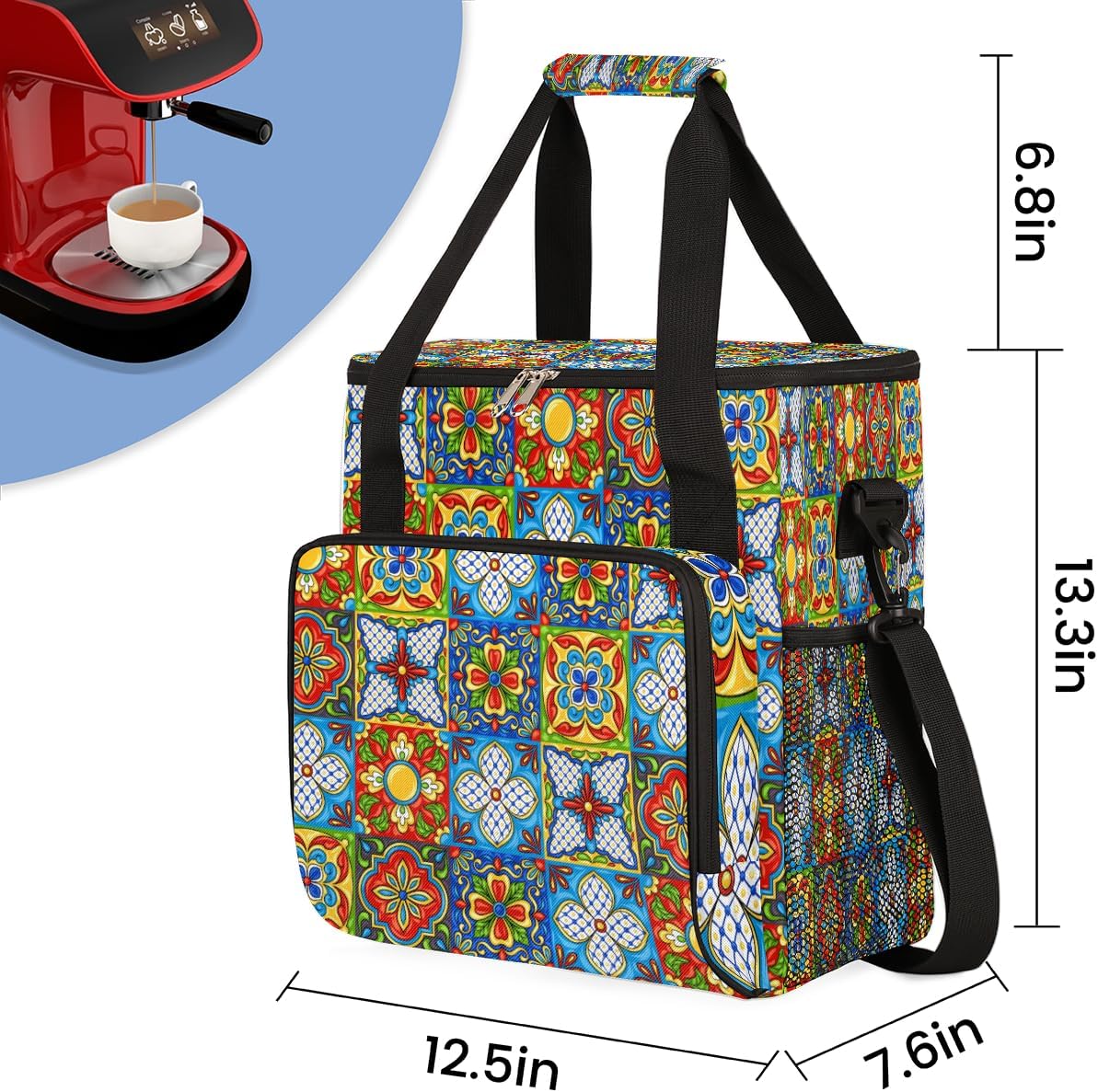 Ethnic Mexican Colorful Flowers Plaid Coffee Maker Carrying Bag, Coffee Machine Travel Storage Tote Bag Compatible with K-Mini or K-Mini Plus, Portable Single Serve Coffee Brewer Case with Pockets