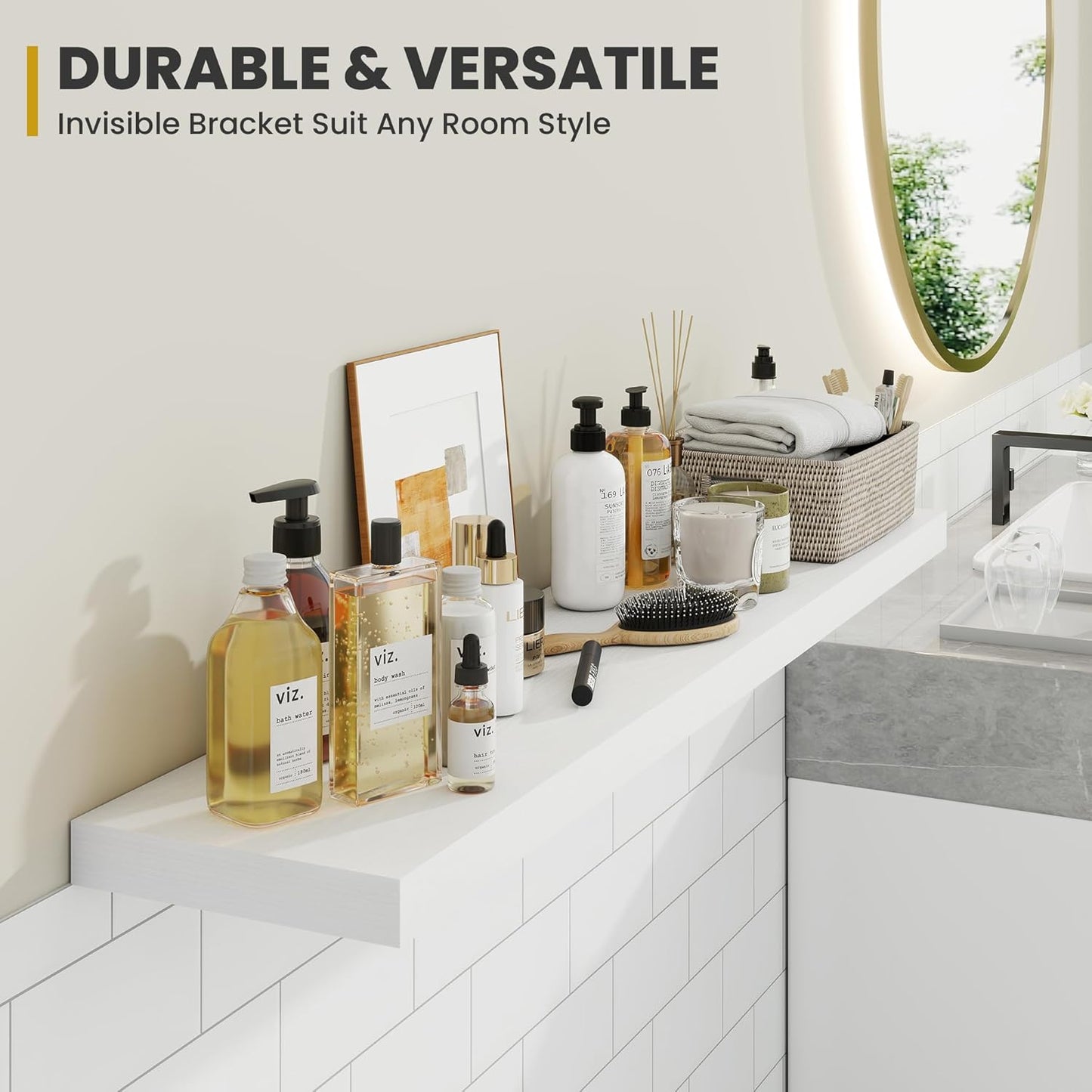 48 Inch Floating Shelves, 9.3" Deep Floating Shelf Wall Mounted, 48" Wall Shelves, Rustic Deep Bookshelf, Large Display Shelves & Storage Shelves for Bedroom, Living Room, White, Set of 1