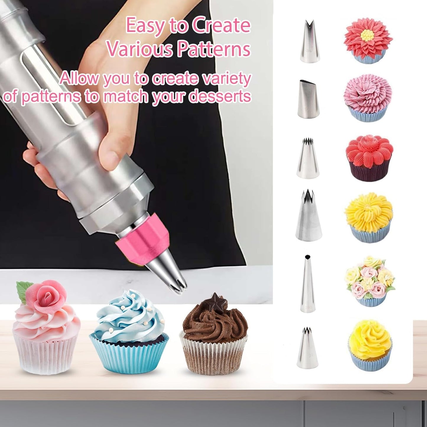 Cake Decorating Kit with 6 Stainless Steel Icing Nozzles, Reusable Piping Gun & Tips Set – Professional Frosting Tools for Cupcakes, Cookies, Cakes, Desserts – Baking Supplies for Beginners & Bakers