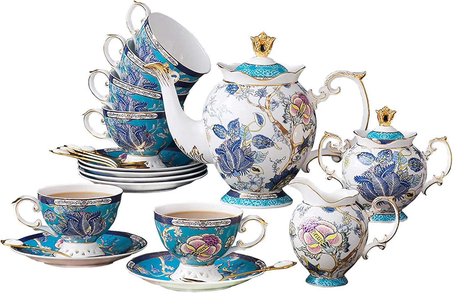 ACMLIFE Tea Sets for Adults for 6, Blue Tea Set with Cups, Fine Bone China 24K Gold, Tea Pot and Cups Set, Vintage British English Porcelain Afternoon Service Sets for Women Tea Party for Luxury Gift