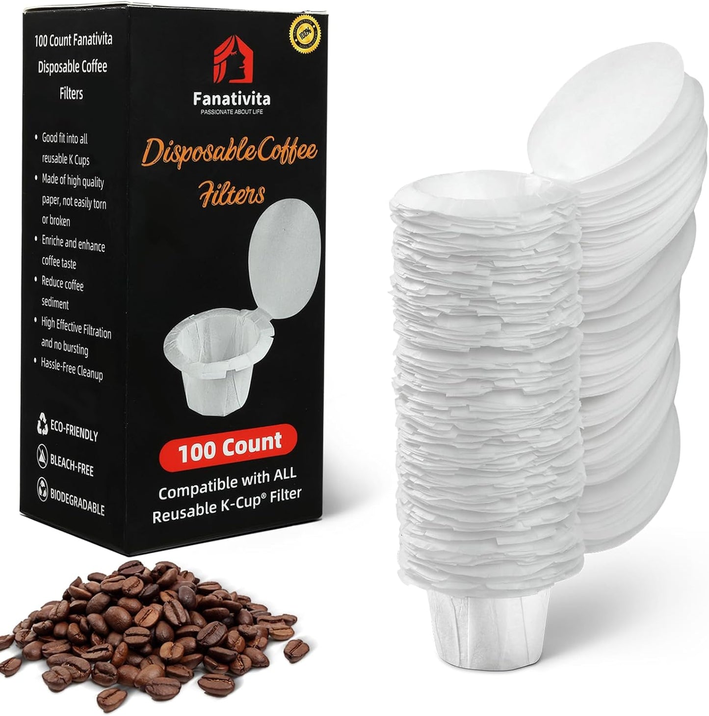 100 Count Fanativita K Cup Filters Disposable with Genius Lid Design, Fit All Reusable K Cups for Keurig (White)