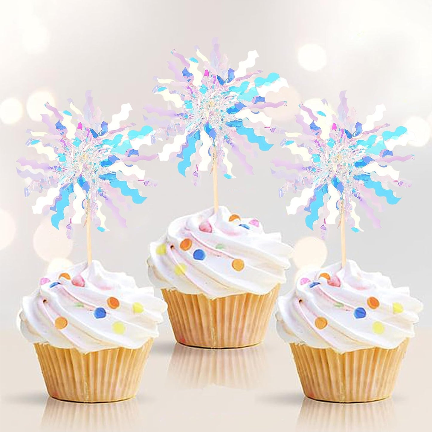30 PCS Foil Firework Cupcake Toppers Sparkle Tinsel Cupcake Picks Happy Birthday Cake Toppers Drink Stirrers Cocktail Food Fruit Toothpicks for Baby Shower Birthday Party Decorations Supplies Silver