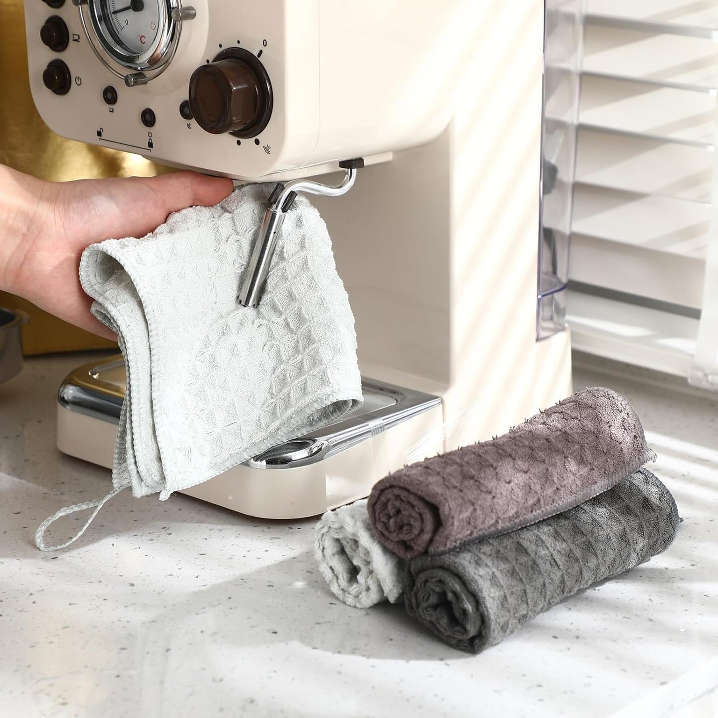 8 Pcs Espresso Machine Cleaning Accessories with 6 Coffee Towels Barista Microfiber Cloths 2 Cleaning Brush Grinder Tool with Spoon Coffee Bar Essentials for Steam Wands Countertops