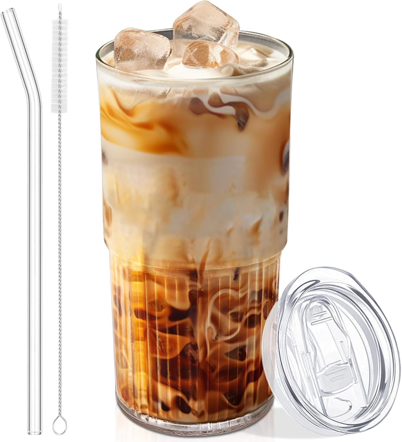18.5oz Glass Cups with Lids and Straws – Single Reusable Tumbler, Thickened Shatter-Resistant Glass, Ideal for Iced Coffee, Smoothies, Cocktails, Juices – Elegant & Durable Drinkware