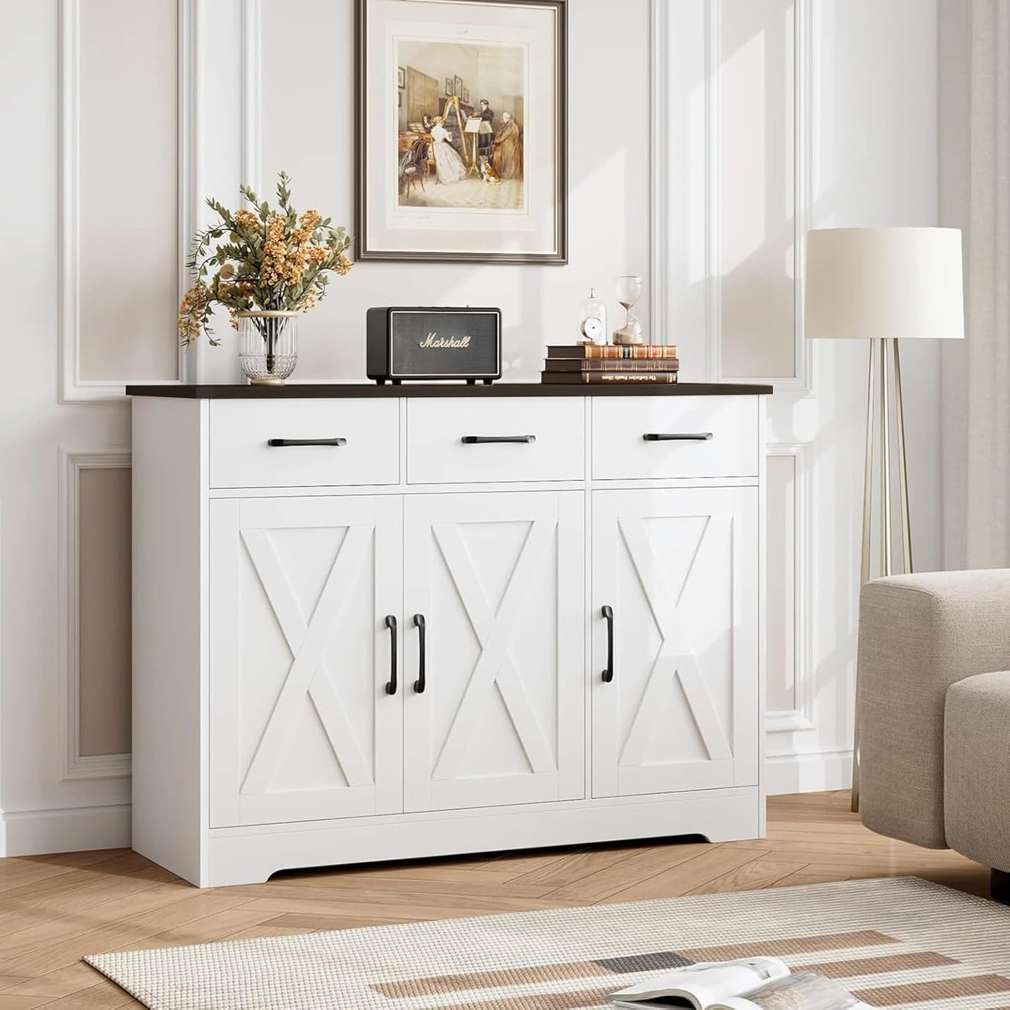 HOSTACK Modern Farmhouse Buffet Sideboard Cabinet, Barn Doors Storage Cabinet with Drawers and Shelves, Wood Coffee Bar with Storage for Dining Room, Kitchen, Living Room, White/Black