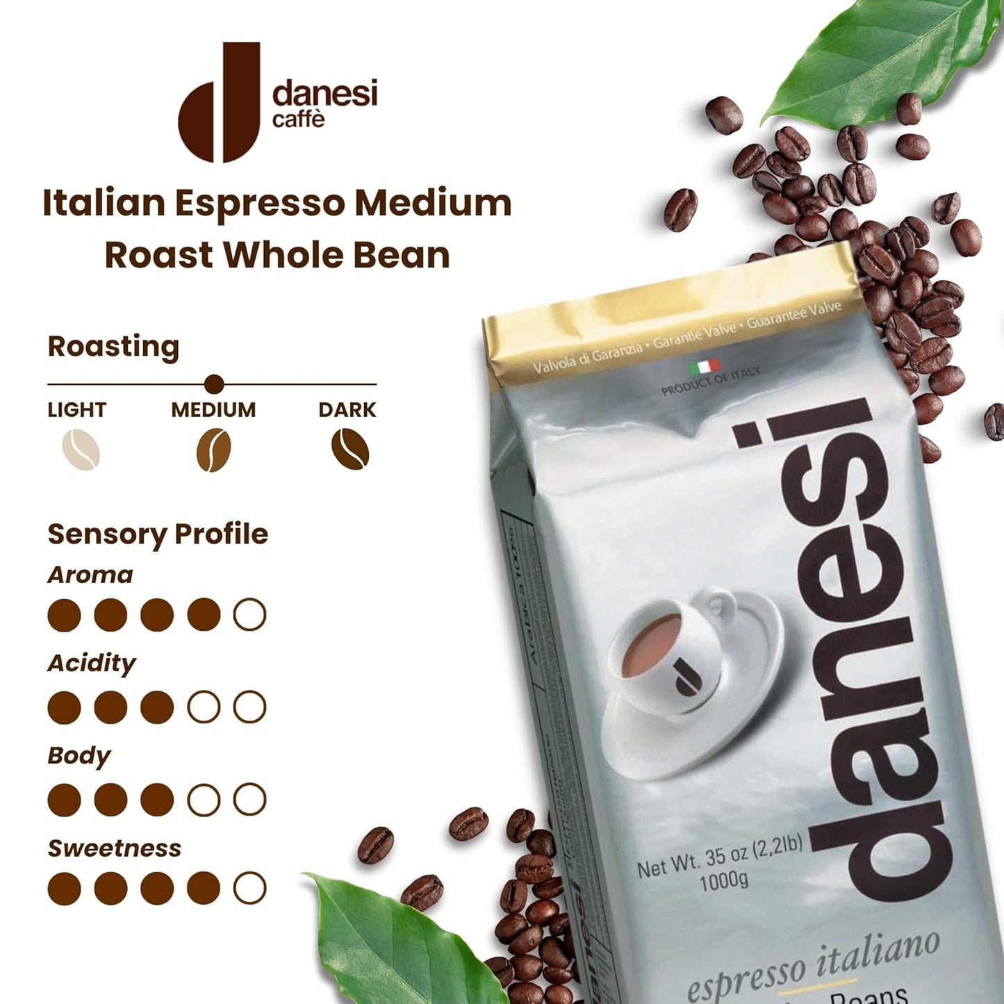 Danesi Caffe Italian Whole Coffee Beans - Espresso Coffee Beans and Medium Roast Whole Bean - Perfect for Espresso Machines, French Press, and Home Brewing - Gold (6.6 lb)