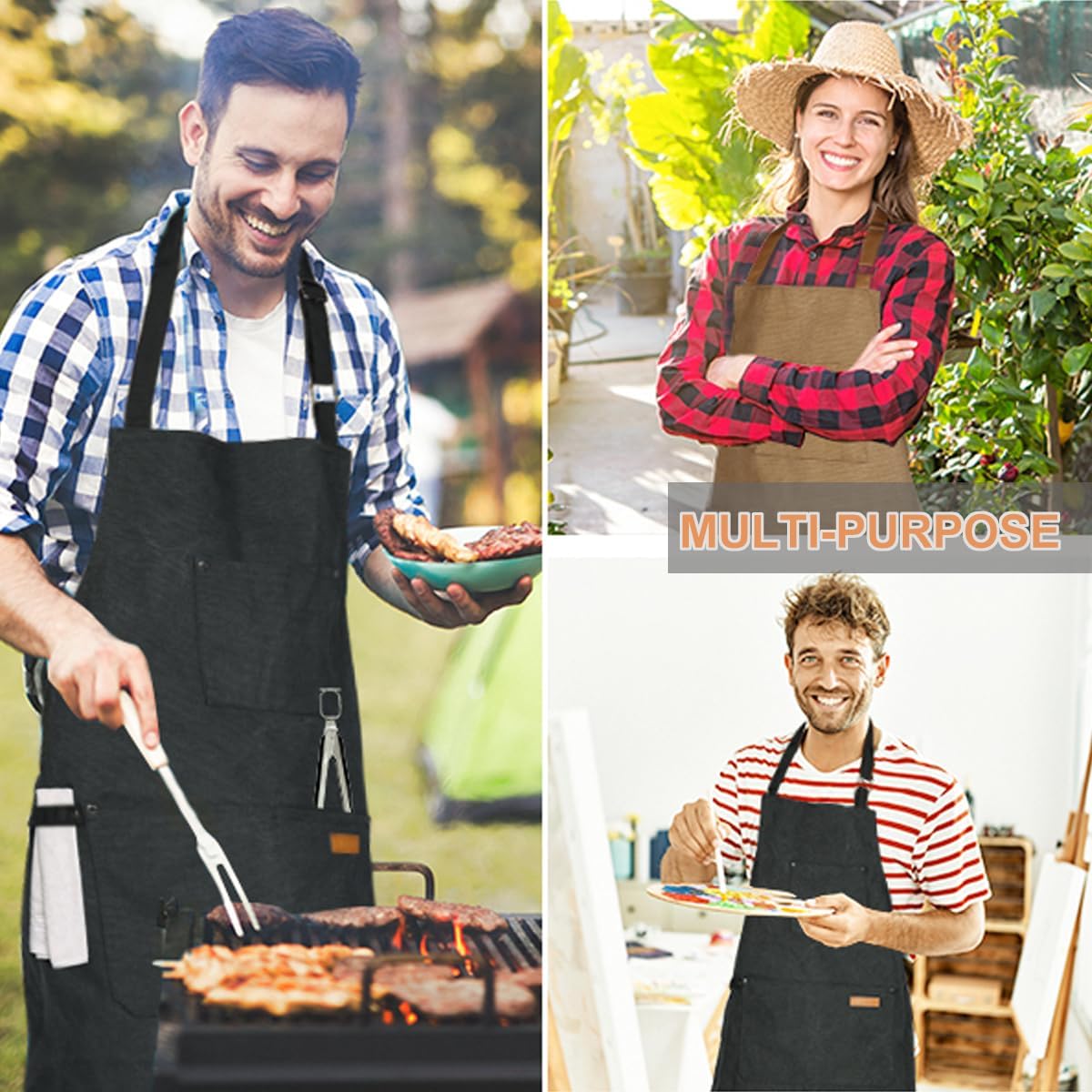 Chef Cooking Aprons for Men Women Thickened Canvas Cotton Apron with 4 Pockets for BBQ Work Kitchen (Black)