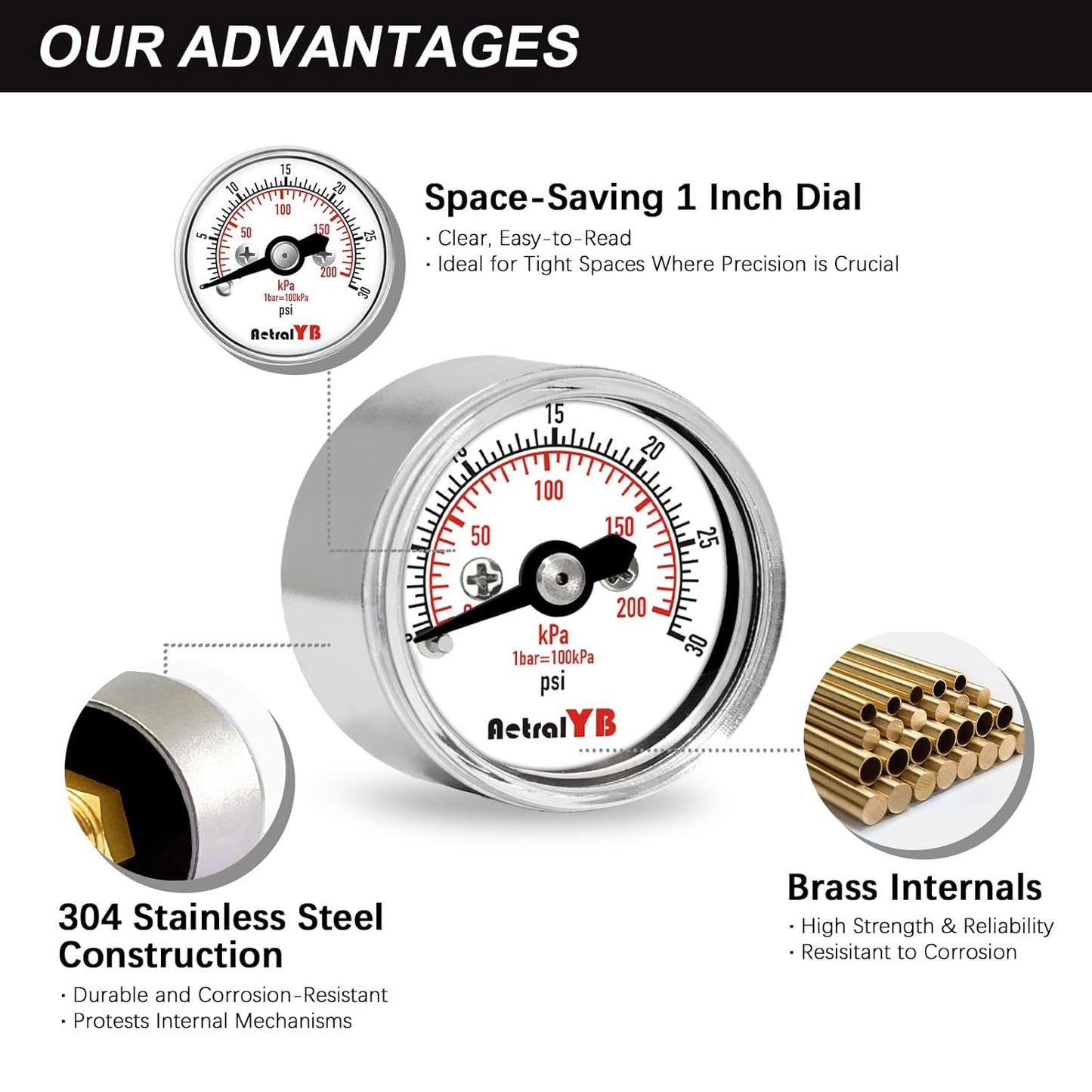 Mini1 Inch Pressure Gauge, 0-30 Psi Air Gauge, Stainless Steel Case, 1/8" NPT Back Mount, Pressure Gauge for Water Air Pressure Test