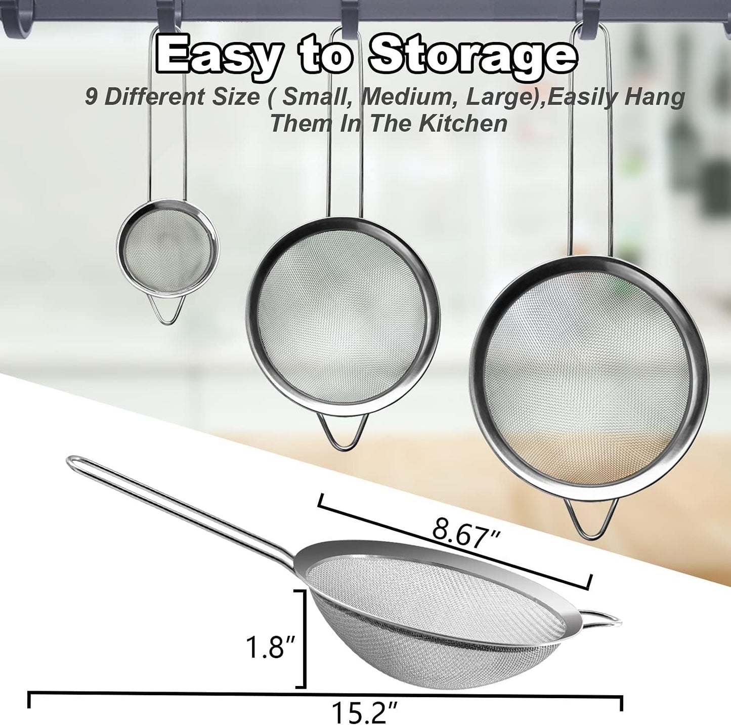 Anaeat Fine Mesh Strainers - Premium Stainless Steel Colander Sieve Sifters, with Durable Mesh and Sturdy Handle, Excellent for Sifting Dry ingredients, Flour, Pastas, Rice, Tea (8.67"）