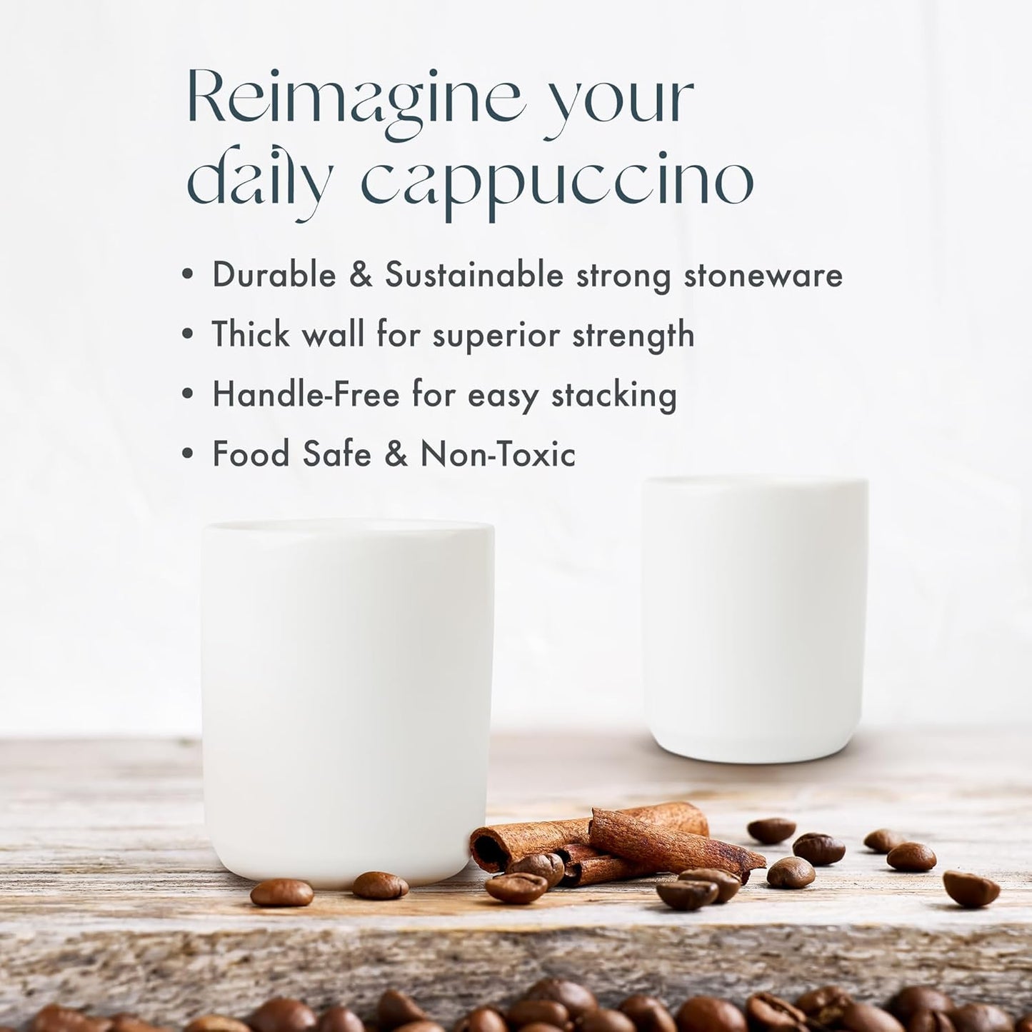 Folk Ceramics Dylan Ceramic Cappuccino Cups Set | Double Walled Ceramic Coffee Mug Set | Compact & Heat Insulated Cappuccino, Tea, Coffee & Latte Cup | 8oz, Set of 2 | Whisper White