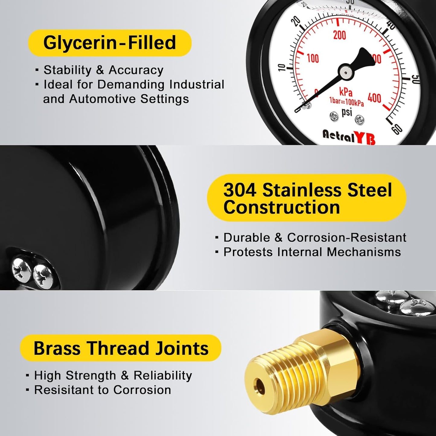 60 Psi 304 Stainless Steel,Glycerin Filled, 2.5" Dial, 1/4" NPT Lower Mount, Pool Pump Pressure Gauge Replacement for Swimming Pool, Spa and Aquarium Valve Filter, IP67 Waterproof