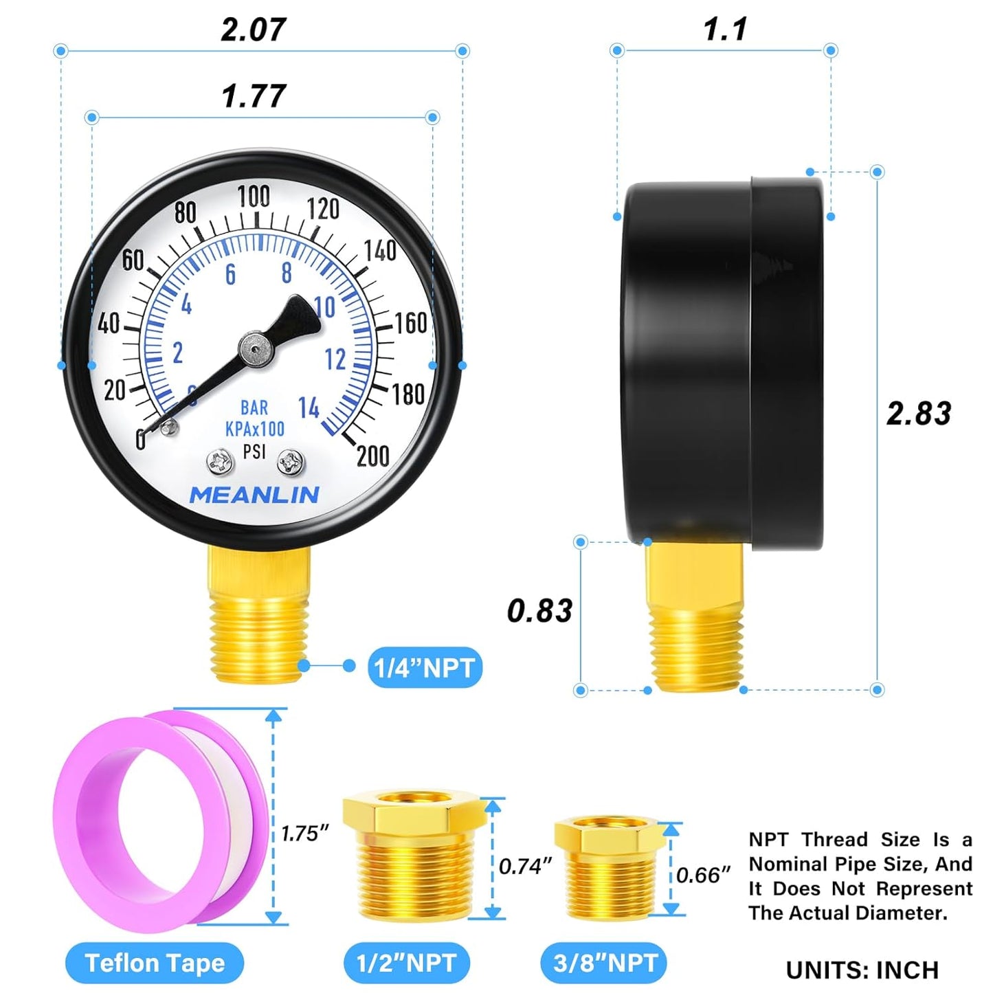 MEANLIN MEASURE 0-200Psi 2" DIAL FACE 1/4" NPT Well Pump Pressure Gauge, with 1/2" NPT and 3/8" NPT Hex Bushing, 3-2-3% Accuracy, Lower Mount