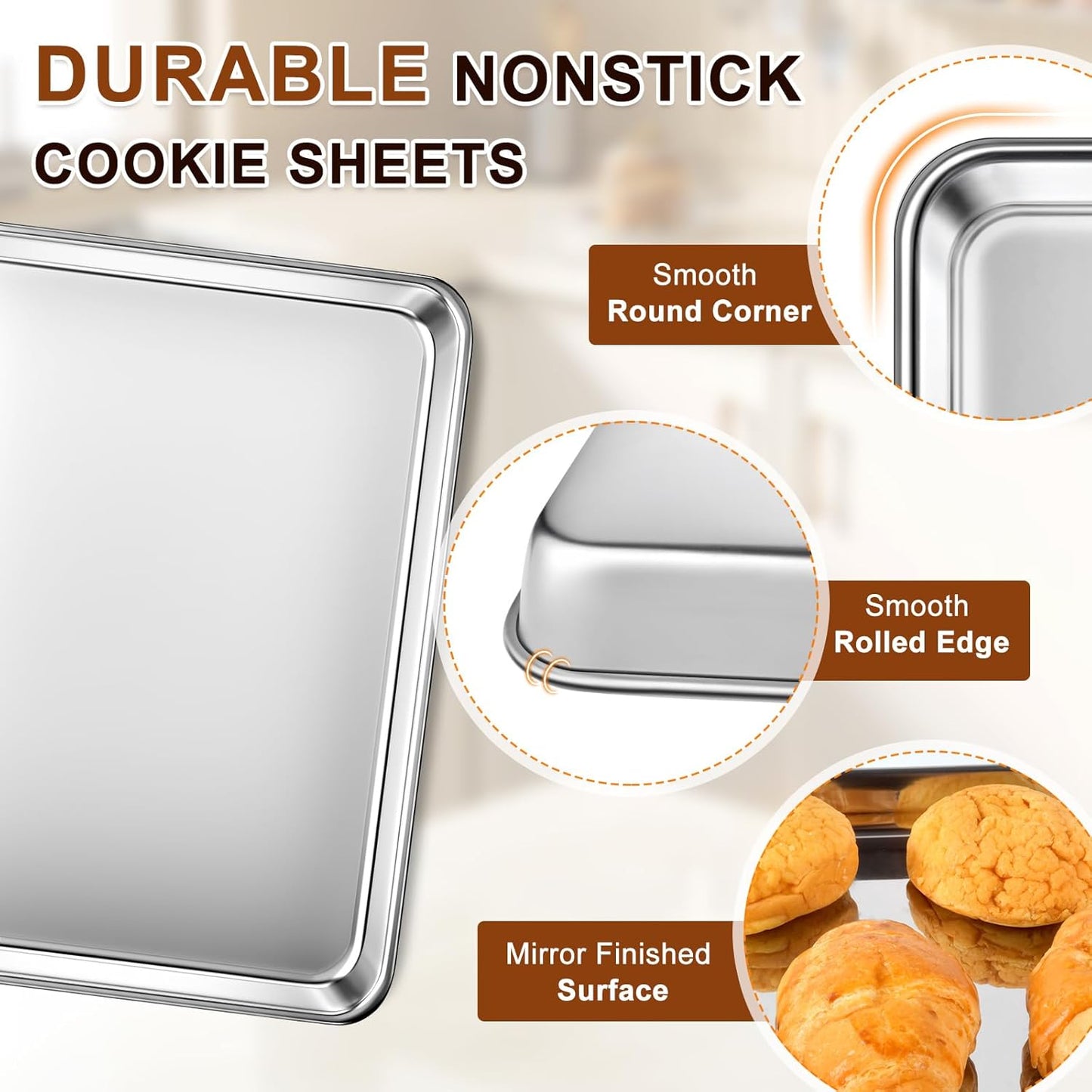 Baking Sheet Set of 2, Commercial Grade Stainless Steel Cookie Sheets for Baking, 17.5''x13'' / 15.7''x12'', Thicker and Firmer Baking Pans Set, Rust & Warp Resistant & Nonstick, Nontoxic & Heavy Duty