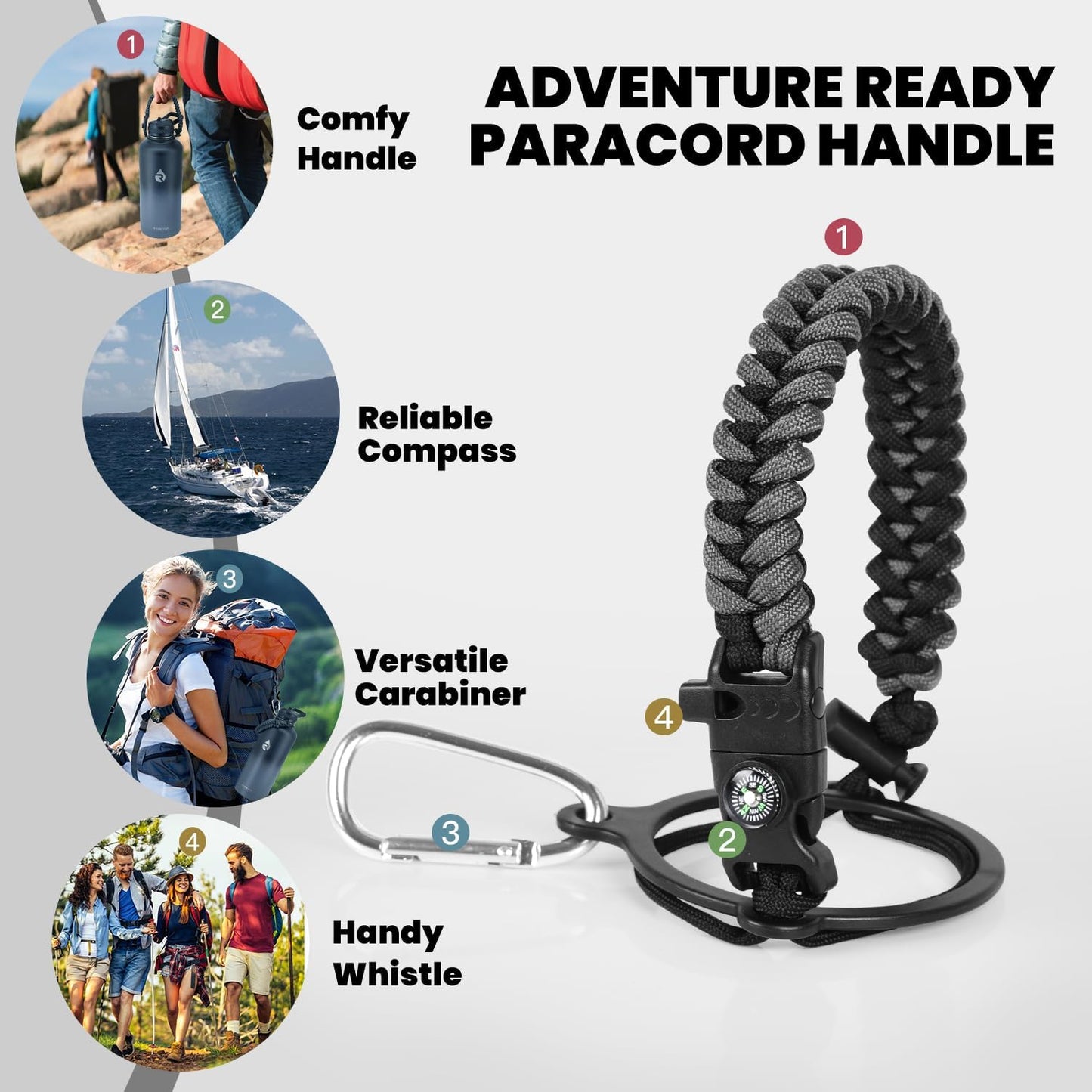 Insulated Water Bottle 87 oz, Triple Wall Vacuum Stainless Steel (Cold for 48 Hrs), Leak Proof & Non-BPA, Modern Water Flask Jug with Paracord Handle & Straw Spout Lids, Dark Grey