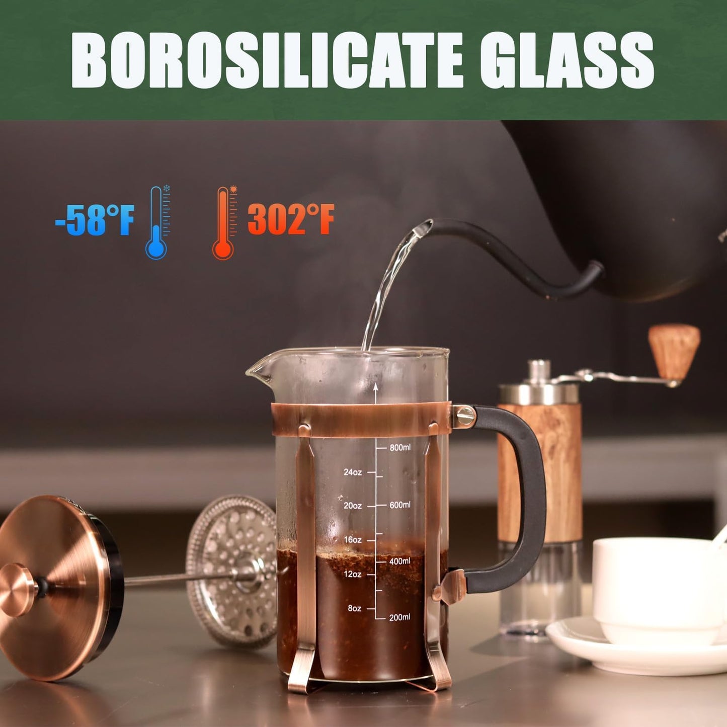 21 Ounce / 600ML French Press Coffee Maker - Stainless Steel & Borosilicate Glass, 4 - Filter for Smooth Brews - Perfect for Cold Brew, Espresso & Tea