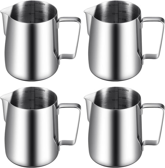 Dandat 4 Pcs Milk Frothing Pitcher Espresso Steaming Pitchers 12 Oz Stainless Steel Milk Steamer Cup Frother Jug for Espresso, Latte Art, Chai Cappuccino Hot Chocolate