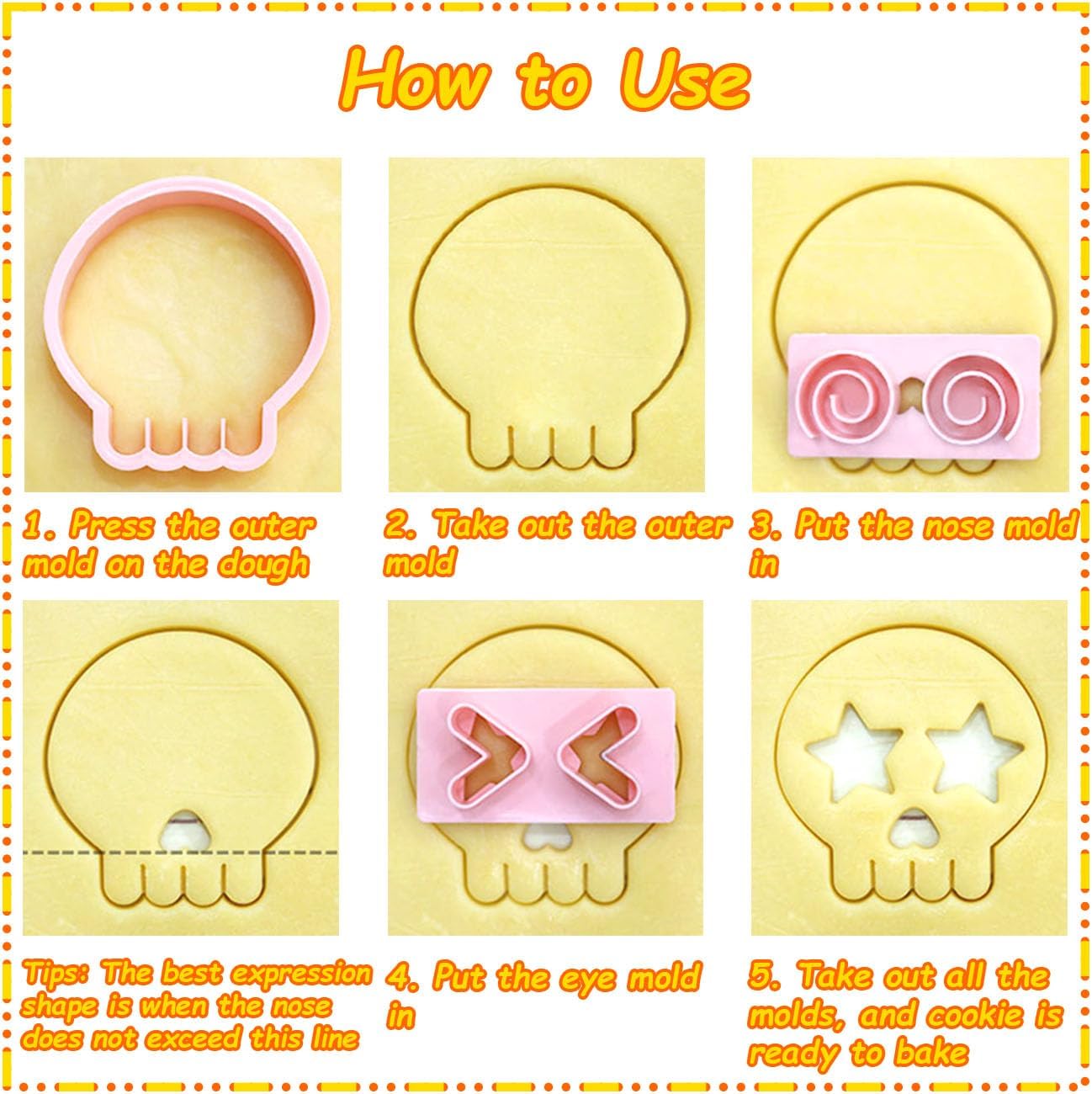 Mini Skull Cookie Cutter Set, Interchangeable DIY Halloween & Día de los Muertos Biscuit Stamps, 3D Raised Design Molds for Cookie Decorating, Cupcakes, Day of the Dead Pastries & Party Treats