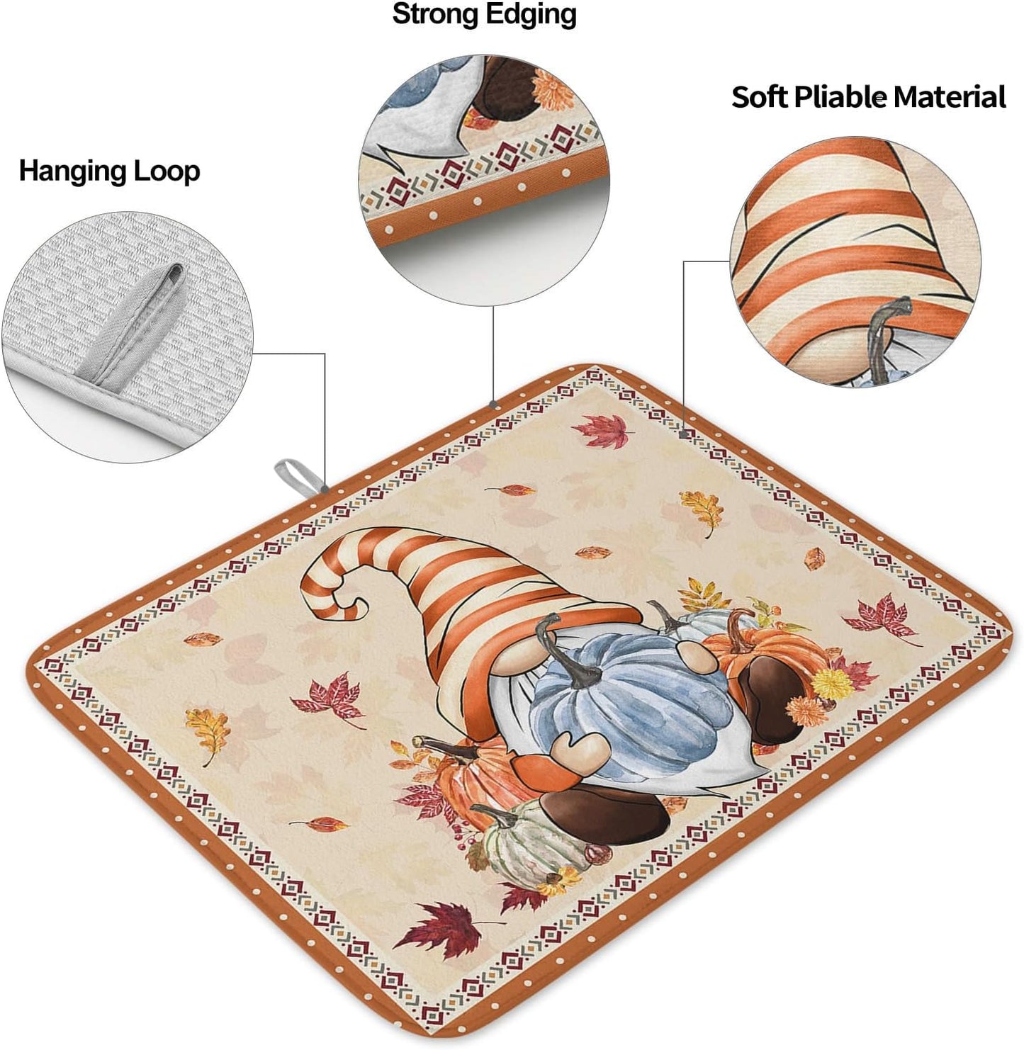 Fall Dish Drying Mat for Kitchen Counter Pumpkin Gnome Drying Pad Absorbent Drying Mats for Countertops Sinks Draining Racks Autumn Maple Leaves Drainer Holiday Harvest Thanksgiving Decorations 18x24