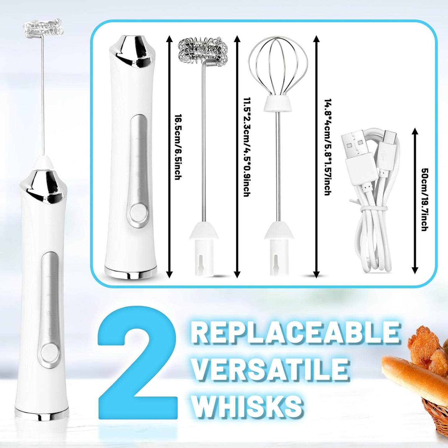 Tonjin Milk Frother with USB-C Rechargeable Wand & 2 Stainless Whisks, Upgraded 3 Speeds Electric Drink Mixer for Coffee, Egg, Matcha