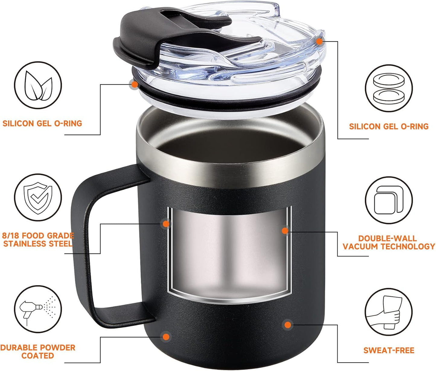 ALOUFEA 12oz Insulated Coffee Mug Cup with Handle, Stainless Steel Travel Coffee Mug with Flip Lid, Double Wall Vacuum Coffee Tumbler, Black