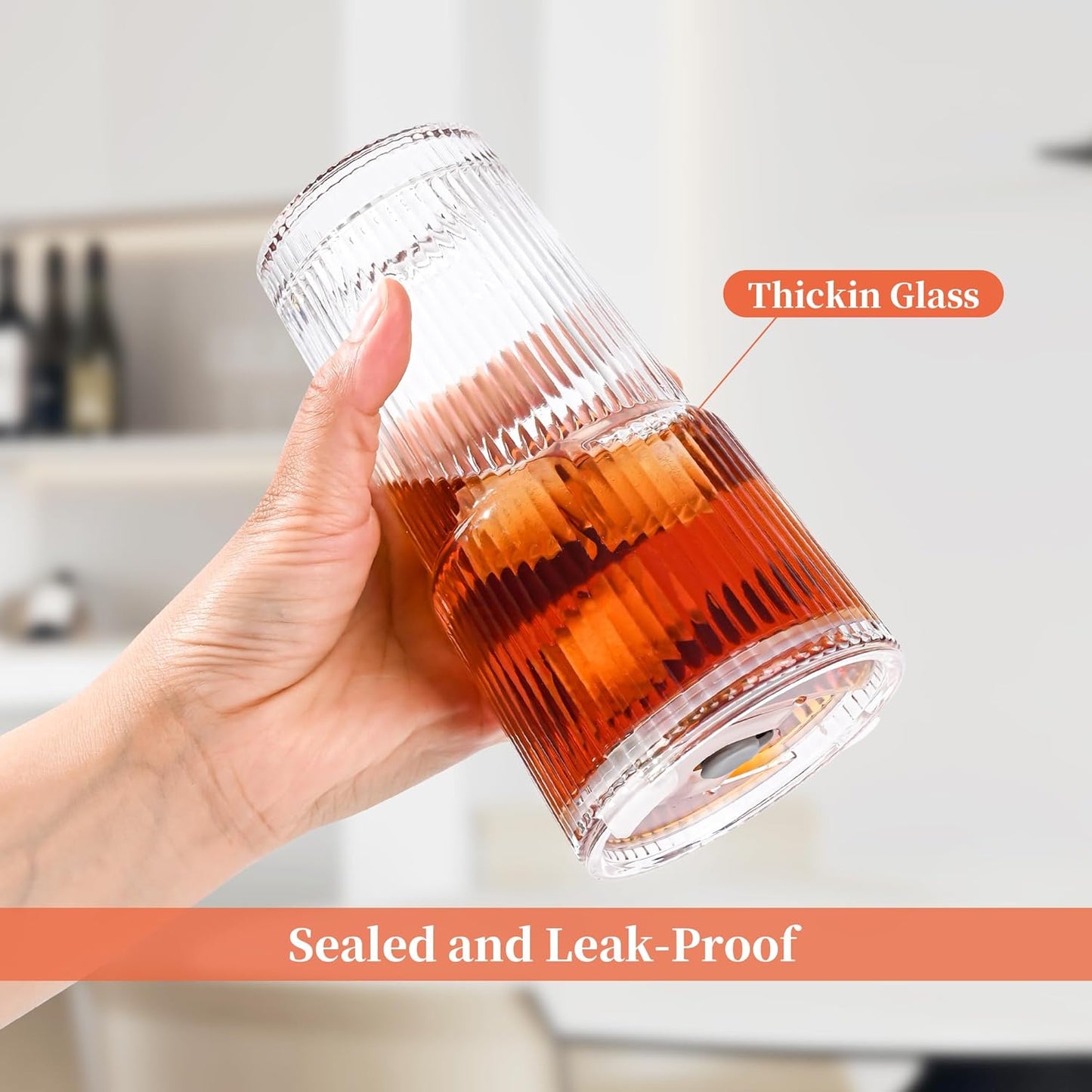 20 oz Tumblers with Lids and Straws, Ribbed Glass Set of 4-Clear Ice Coffee Cups Ideal for Smoothies, Juice, Boba & Cold Beverages, Durable reusable Glassware，Drinking Glasses with 1 Brush