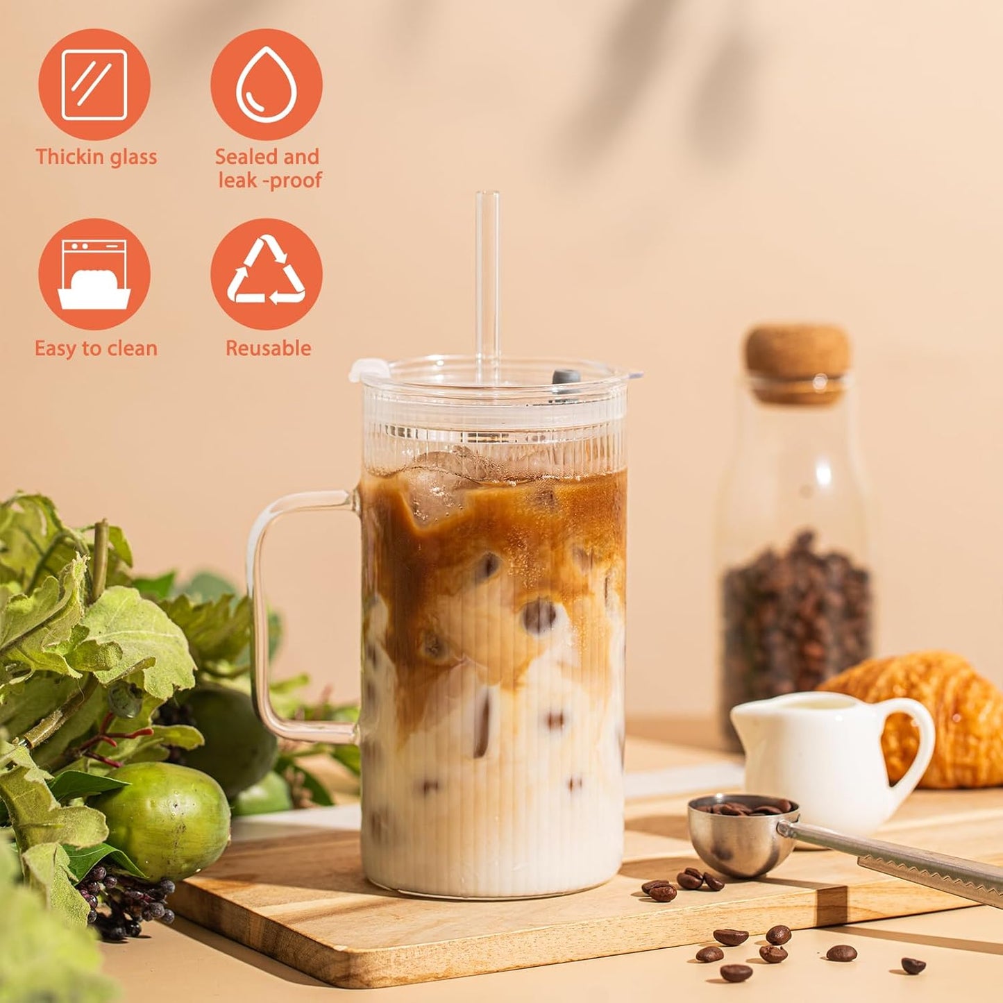 26oz Large Ribbed Glass Tumbler with Handle and Lid - Set of 2, Clear Glass Cups with Reusable Straws, Vertical Striped Design - Perfect for Iced Coffee, Tea, Smoothies, and Cocktails