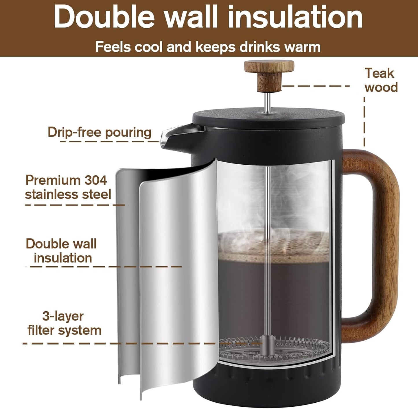 Rorence 34oz French Press Coffee Maker, Coffee Press with Real Wood Handle & Plunger Head, Double Wall Insulation & Dual-Filter Screen, incl. replaced filters & instructions, Black