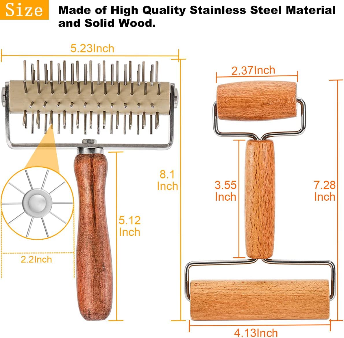 Dough Docker Roller Stainless Steel and Wooden Dough Roller, Set of 2 Pizza Pin Roller Dough Hole Maker Wood Pastry Pizza Roller for Pizza, Cookie, Pie, Pastry, Bread, Crust