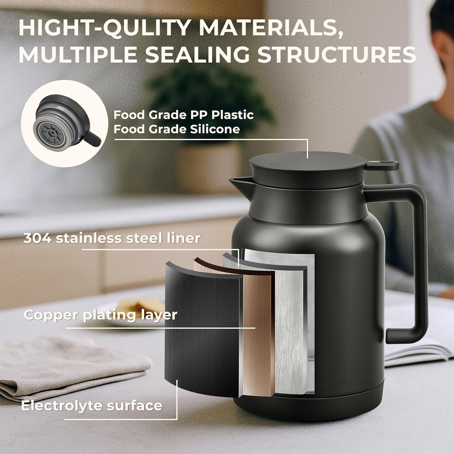 2 Pack 49oz Thermal Coffee Carafe and 15oz Insulated Water Bottle, Stainless Steel Vacuum Thermal Carafes and Water Bottle for Keeping Coffee, Tea, Water - Keep 12 Hours Hot, 24 Hours Cold