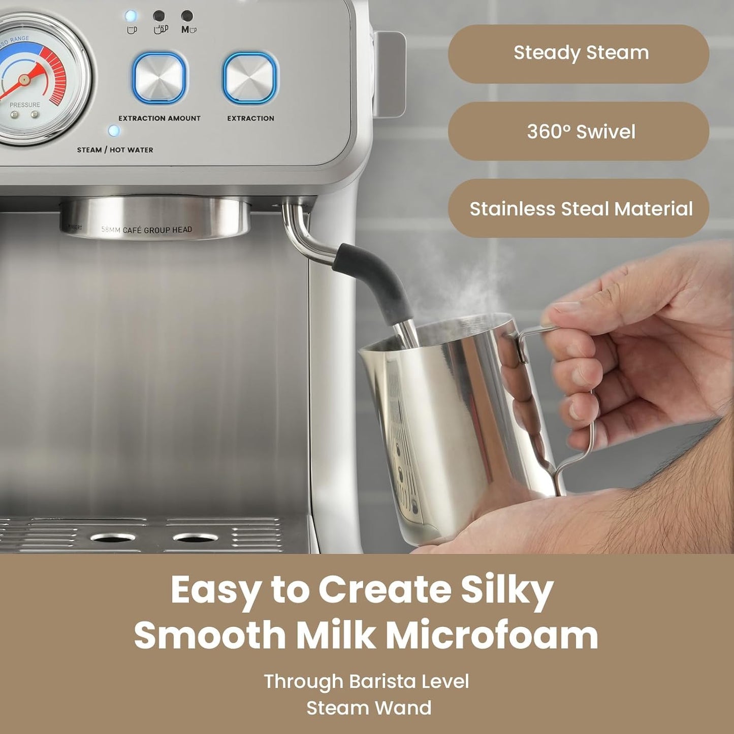 Gevi [2024 Upgraded Dual Boiler Espresso Machine EzBru 2000 | 58mm Grouphead | Barista Level Steam Wand | Built-in Grinder With 31 Size Settings | Full Stainless Steel Housing | Sterling Silver