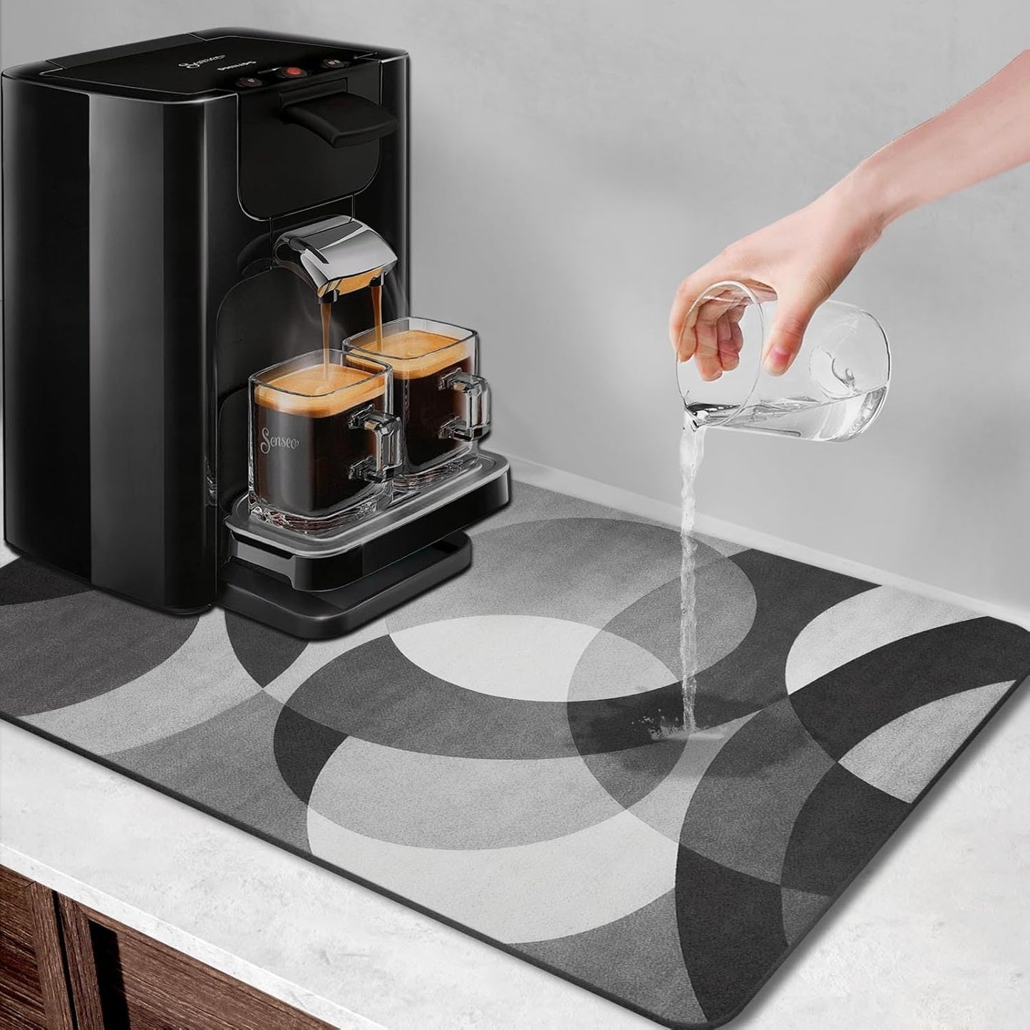 Arttown Coffee Mat for Countertops, Circular Geometric Modern Grey White Black Dish Drying Mat 2 Pcs for Kitchen Bar Accessories, Coffee Maker Espresso Machine Dish Rack Hide Stain Rubber 12x19in