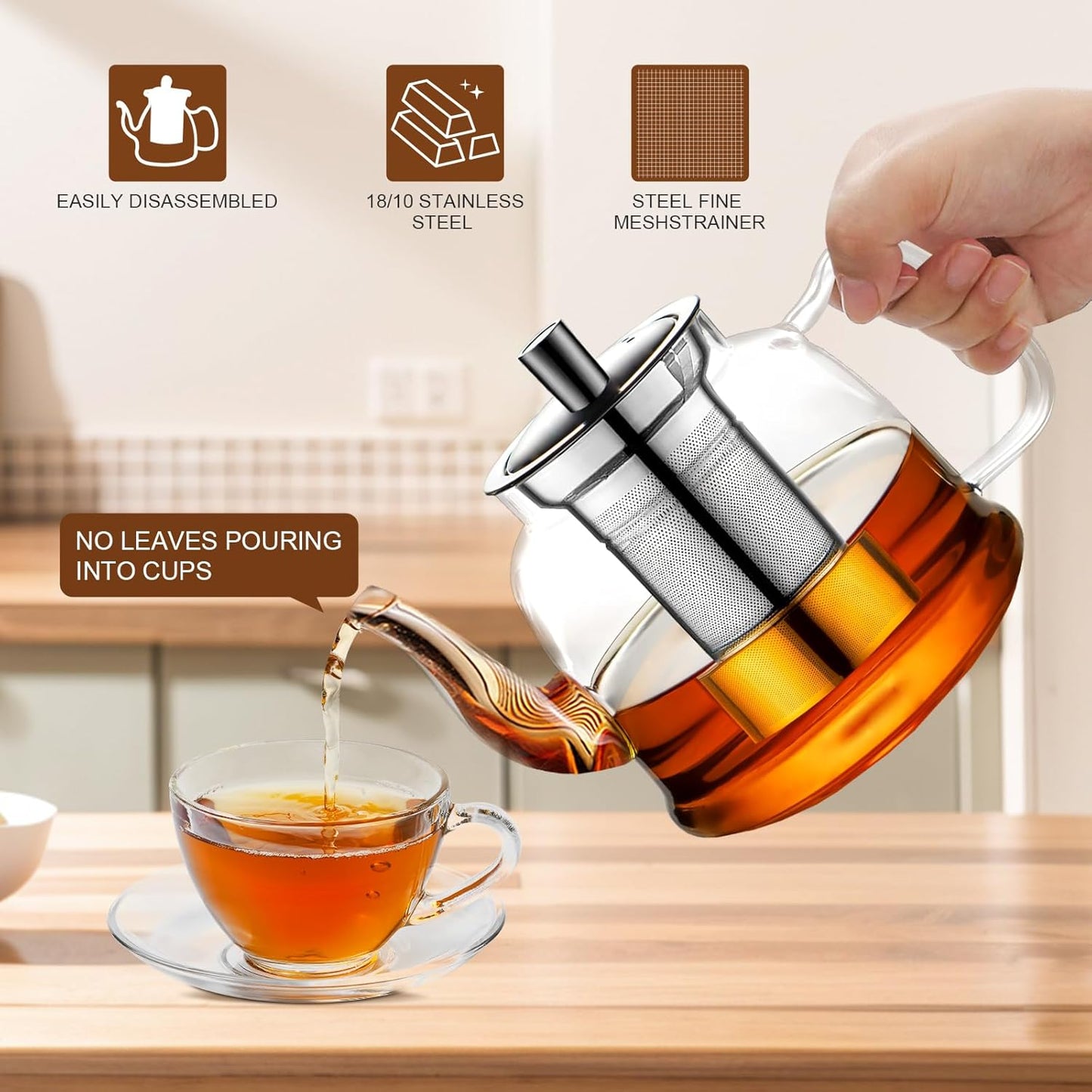 Glass Teapot 1600ml (54oz) - Borosilicate Glass Tea Kettle with Removable Stainless Steel Infuser, Stovetop Safe Heat-Resistant Tea Maker for Blooming and Loose Leaf Tea (1600ml)