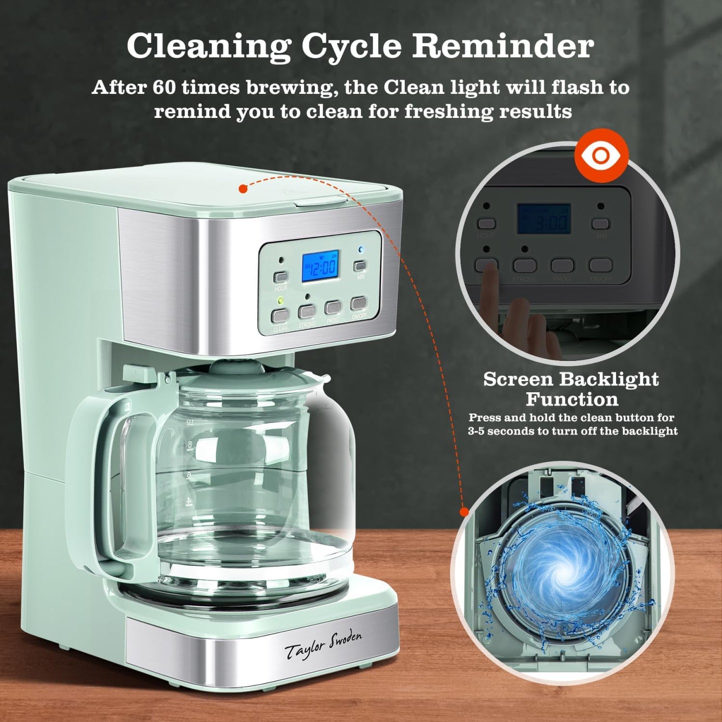 Taylor Swoden 12-Cup Programmable Coffee Maker, Regular & Strong Brew Drip Coffee Machine for Home and Office, Glass Carafe, Pause & Serve, Auto Shut Off, Green & Stainless Steel