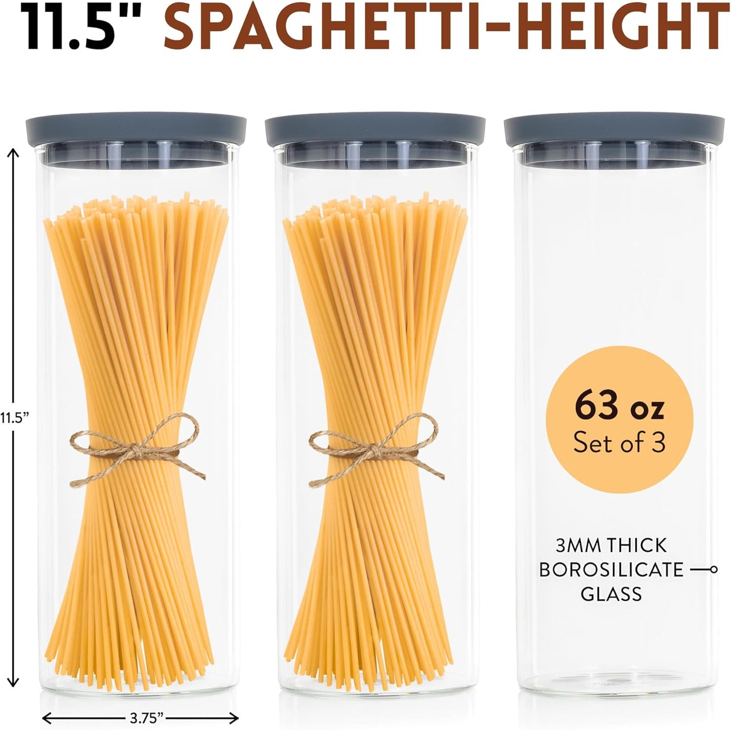Glass Spaghetti Containers with Airtight Silicone Lids – BPA-Free Pantry Storage Jars for Pasta, Rice, Flour, and Dry Foods – Set of 3 with Portion Tool