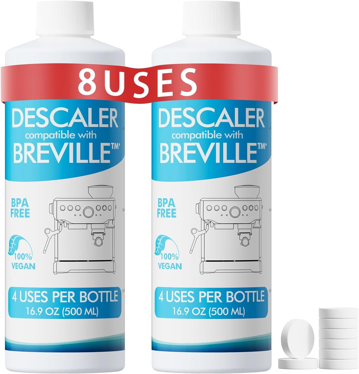 8 Uses Breville Compatible Descaling Solution, 2 Years Descaler Kit Come with 8 Cleaning Tablets, Maintenance Kit Specially Designed to Clean Breville Machines (4 Use Each Bottle, 2 Bottles)