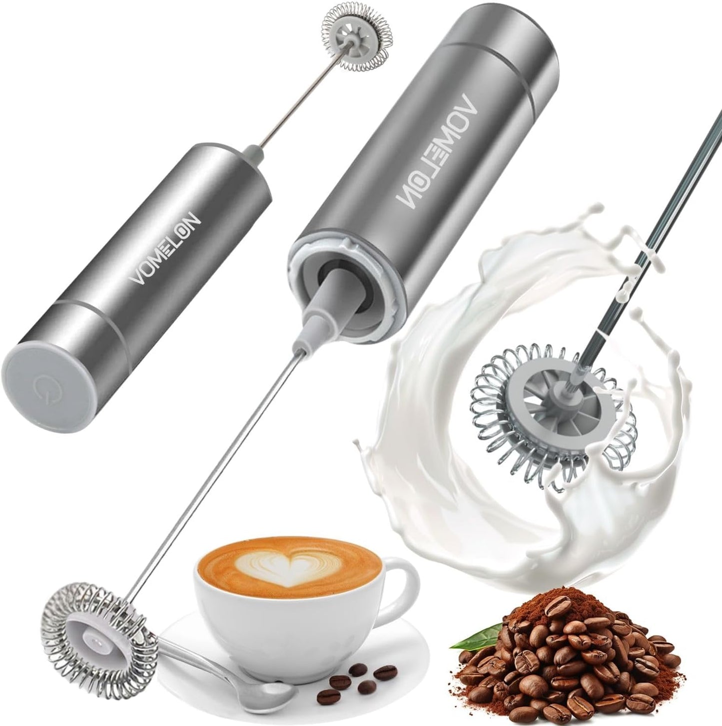 Milk Frother, Handheld Battery Operated Frother for Coffee,Portable Drink Mixer with 2 Stainless Steel Whisk Heads, Milk Foamer for Keto Coffee, Latte, Cappuccino, Hot Chocolate, Silver