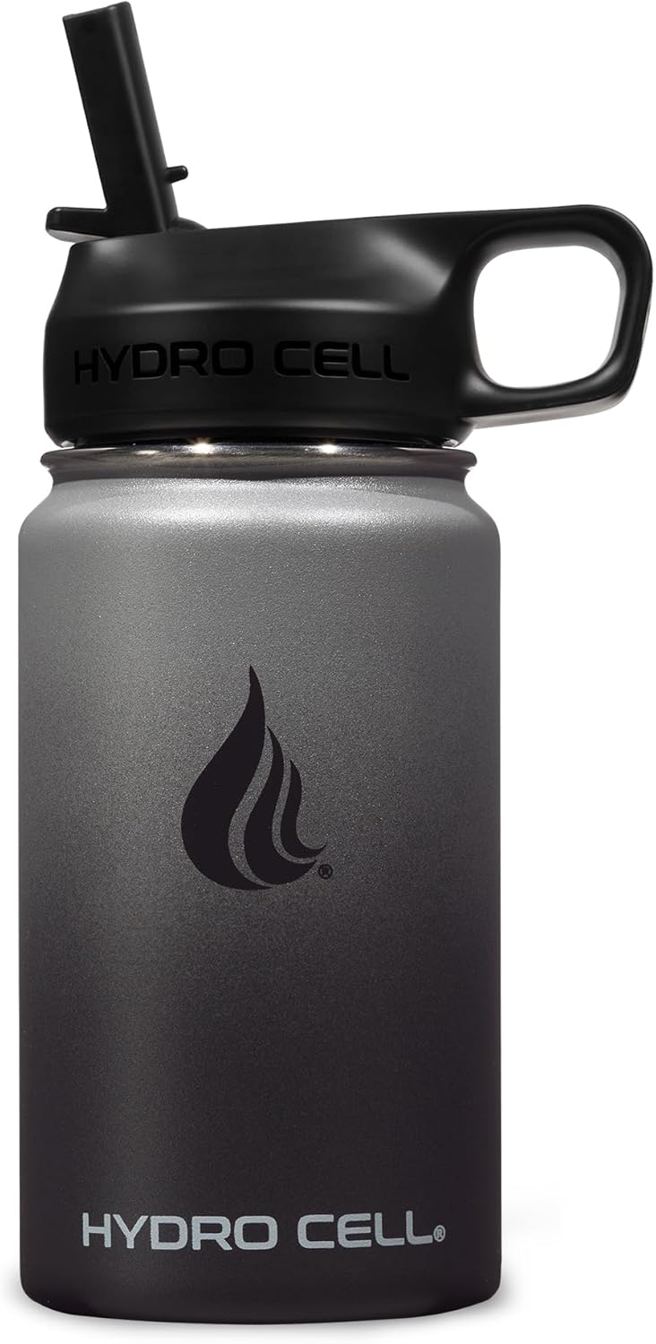 HYDRO CELL Stainless Steel Insulated Water Bottle with Straw - For Cold & Hot Drinks - Metal Vacuum Flask with Screw Cap and Modern Leakproof Sport Thermos for Adults (Graphite/Black 14oz)