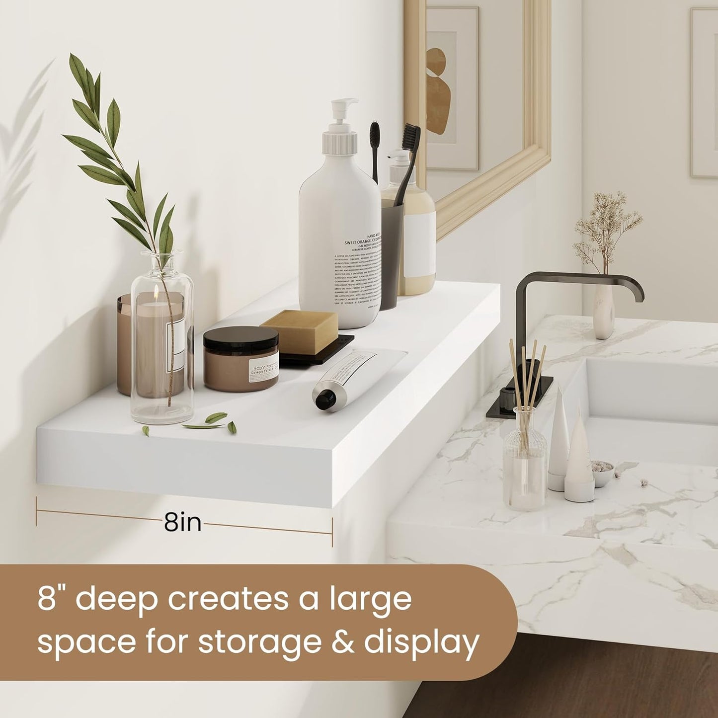 Fun Memories Rustic Real Wood Floating Shelves, 8 Inch Deep Floating Shelf Wall Mounted, 36" W x 8" D Wall Shelves Storage Shelves for Living Room, Bedroom, Bathroom, White Finish, Set of 2