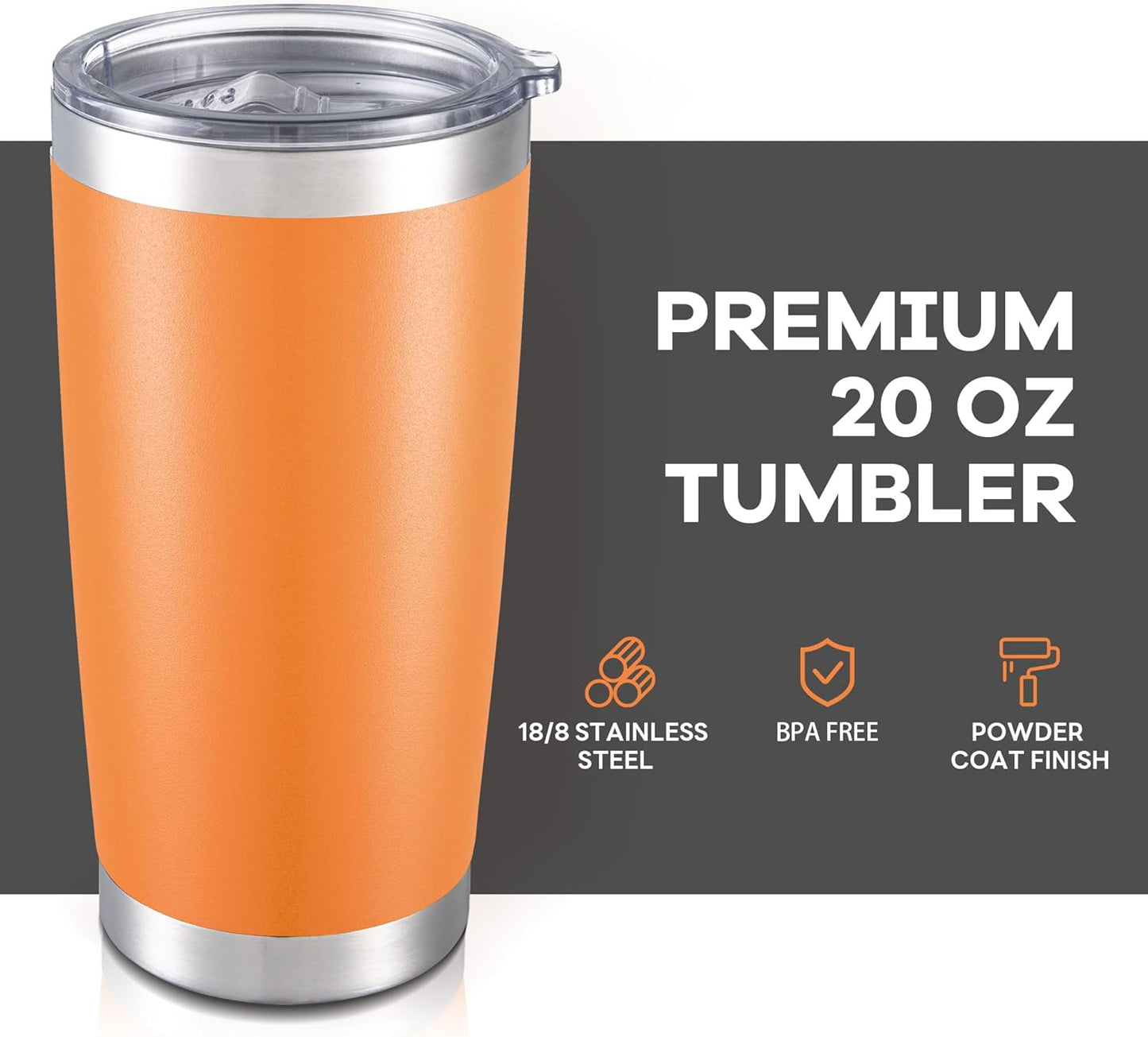 20 oz Tumbler with Lid Stainless Steel Double Wall Vacuum Insulated Tumblers Powder Coated Cups Travel Mug Keep Drinks Cold and Hot, Orange