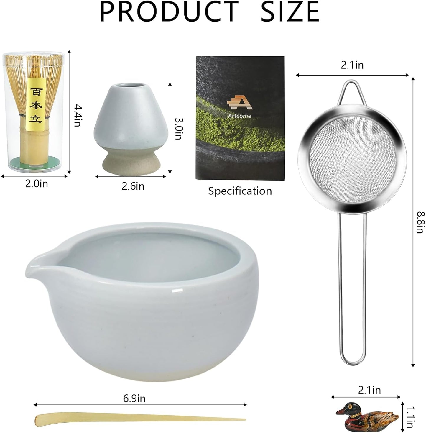 Artcome Matcha Ceremony Kit for Japanese Tea Ceremony, Bowl with Pouring Spout, Whisk, Tea Scoop, Matcha Powder Strainer, Matcha Tea Set For Making Usucha, Koicha and Matcha Latte (Cyan)