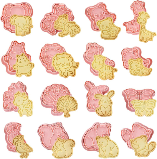 16pcs Animal Cookie Cutter Stamps Set, Lion, Panda, Forest Themed Plunger Stampers for Baking, Plastic Biscuit Molds for DIY Cookies, Cake Decor(J16)