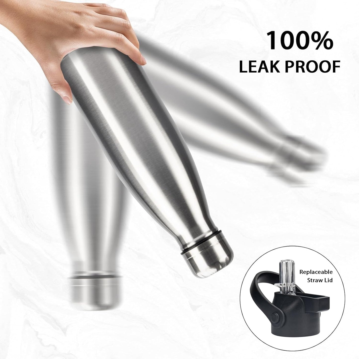 Insulated Water Bottle,17oz Stainless Steel Water Bottles with straw lid, Metal Sports Water Bottles for Boys,Girls, Double Wall Vacuum BPA-Free Flask for School, Sports(SLIVER)